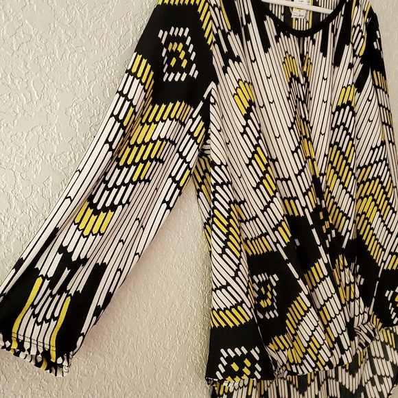 CHENAULT Black White Yellow Overlapped Long sleeve Abstract Casual Blouse Tops - Picture 8 of 11